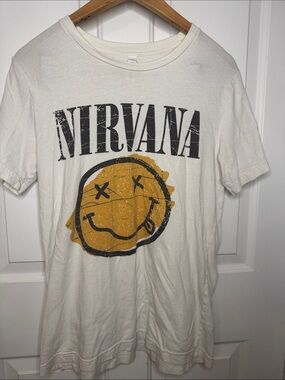 NIRVANA Off-White Tee with Yellow Smiley and Black Logo